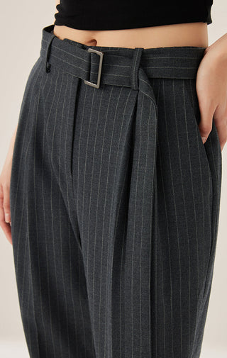 Pinstripe wool pants close-up: wide belt, pleated front and buckle