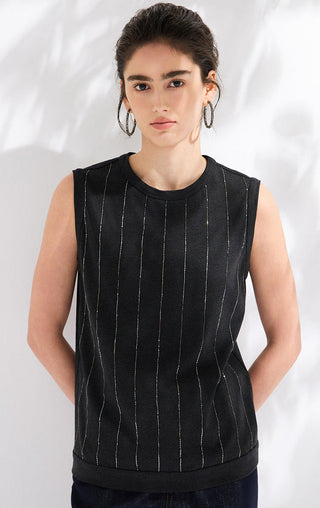Black knit tank top with vertical beaded stripe detail and crew neckline