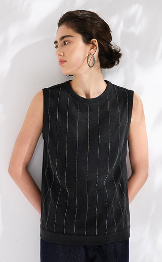 Black sleeveless knit tank top, angled back view with vertical beaded stripes