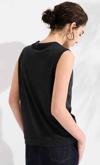 Black knit tank top back view with smooth fabric and vertical stripe seam detail