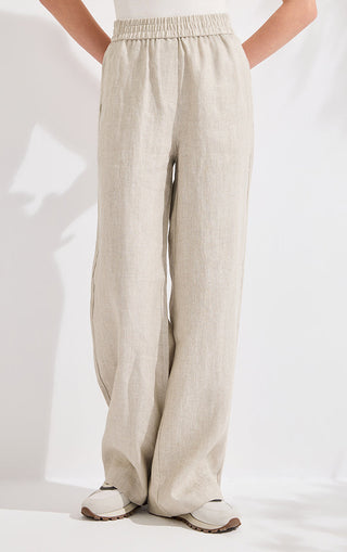 Beige linen-blend high-waisted wide-leg trousers with elastic waistband