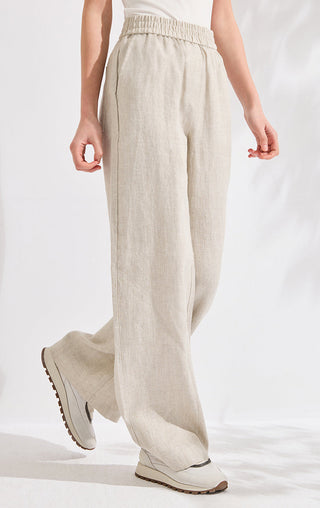 Beige wide-leg trousers, straight drape from high elastic waist