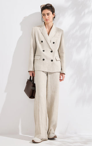 Beige linen-blend high-waisted wide-leg trousers, full-length relaxed fit