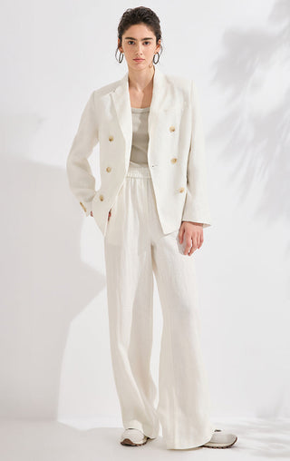 Ivory white high-waisted wide-leg trousers with elastic waist and long straight legs