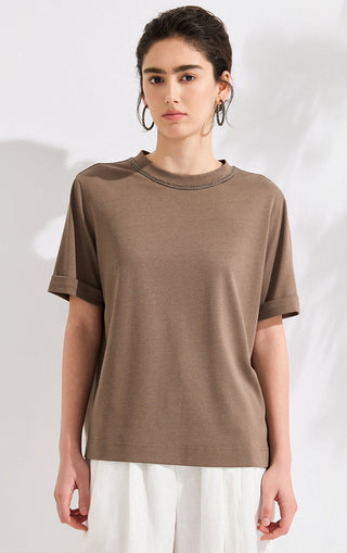 Refined Short-Sleeve T-Shirt with Beaded Neckline - serathinan 