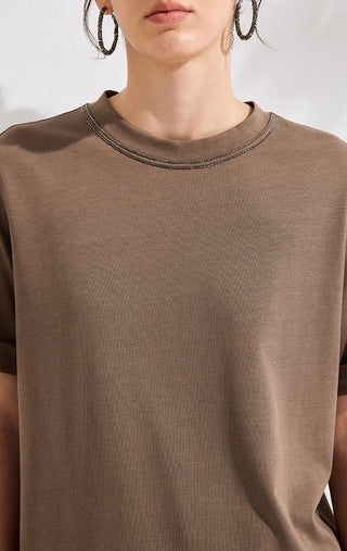 Refined Short-Sleeve T-Shirt with Beaded Neckline - serathinan 