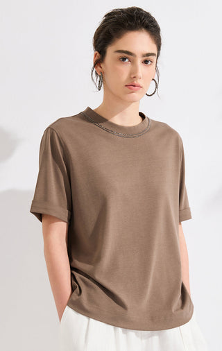 Refined Short-Sleeve T-Shirt with Beaded Neckline - serathinan 