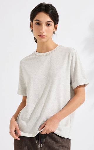 Refined Short-Sleeve T-Shirt with Beaded Neckline - serathinan 
