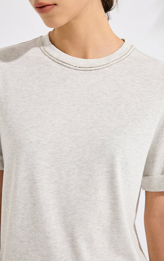 Refined Short-Sleeve T-Shirt with Beaded Neckline - serathinan 