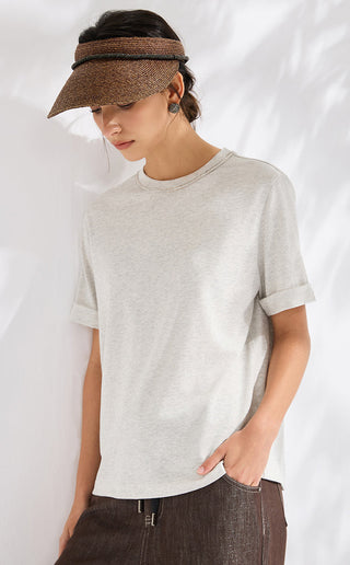 Refined Short-Sleeve T-Shirt with Beaded Neckline - serathinan 