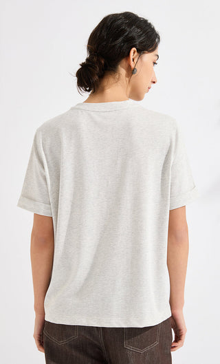 Refined Short-Sleeve T-Shirt with Beaded Neckline - serathinan 