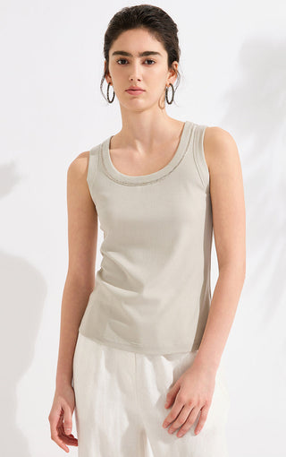 Fitted Sleeveless Top with Beaded Neckline - serathinan 