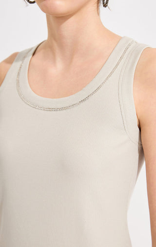 Fitted Sleeveless Top with Beaded Neckline - serathinan 