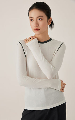 Tencel Wool Contrast-Stitch Long Sleeve Top