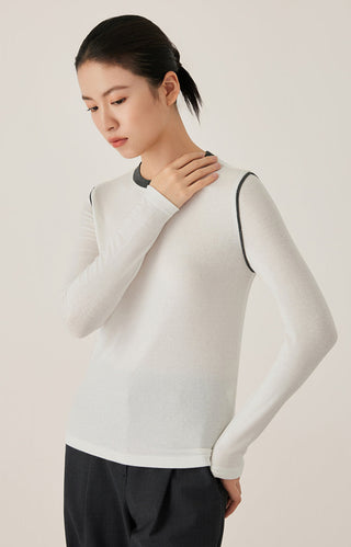 Tencel Wool Contrast-Stitch Long Sleeve Top