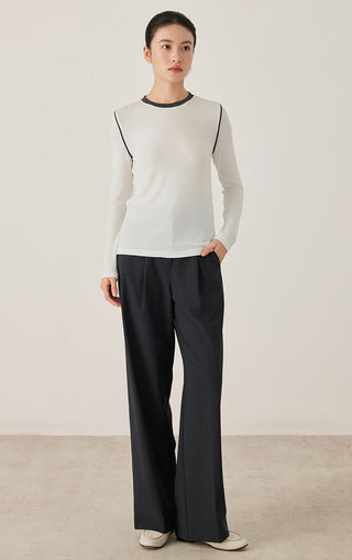 Tencel Wool Contrast-Stitch Long Sleeve Top