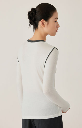 Tencel Wool Contrast-Stitch Long Sleeve Top
