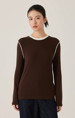 Tencel Wool Contrast-Stitch Long Sleeve Top