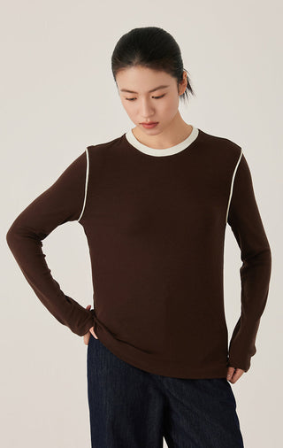 Tencel Wool Contrast-Stitch Long Sleeve Top
