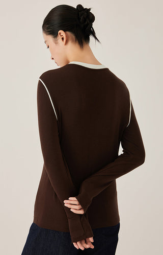 Tencel Wool Contrast-Stitch Long Sleeve Top