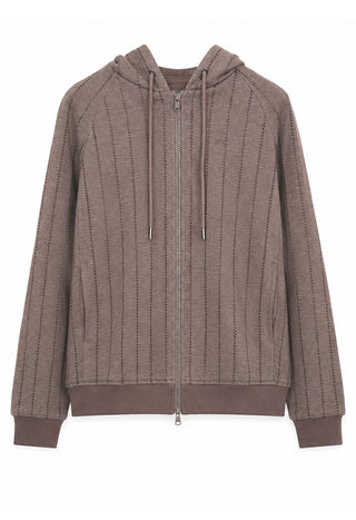 Taupe hooded zip jacket with vertical sequin pinstripes and drawstring pulls