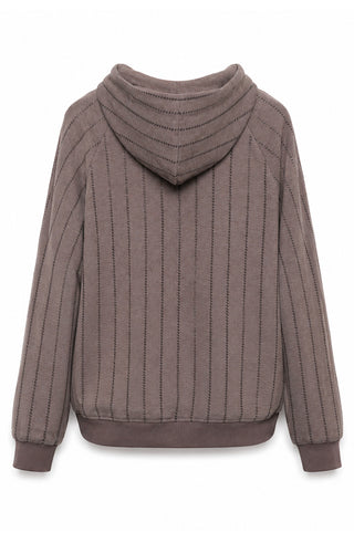 Taupe hooded zip jacket with vertical sequin pinstripes, back view with hood