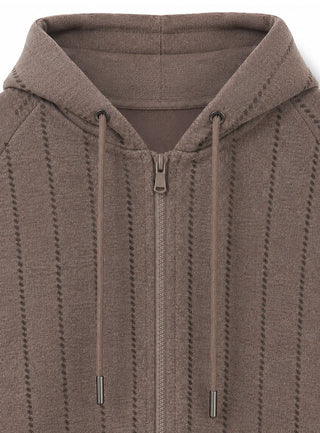 Taupe hooded full-zip jacket with drawstring cords and vertical sequin stripes