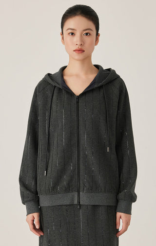 Sequin Embroidered Stripe Hooded Coat