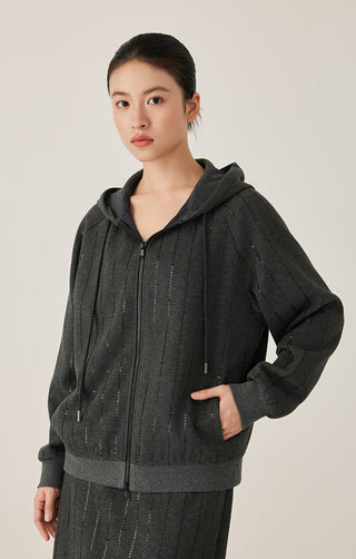 Graphite gray hooded zip jacket side view showing vertical sequin stripe texture