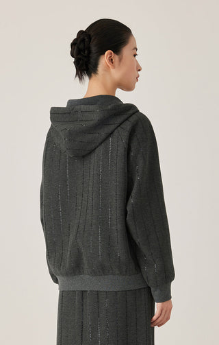 Back view of graphite gray hooded zip jacket with vertical sequin stripe detailing