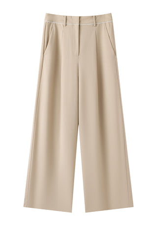 Khaki tailored wide-leg pants, flat lay showing waistband, pleats, and straight wide legs.