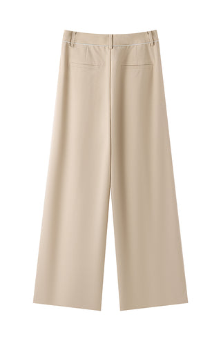Khaki wool-blend tailored wide-leg pants, belt loops, front button/zip, side pockets