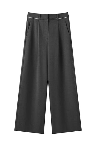 Black tailored wide-leg pants flat lay, high waist with belt loops and center crease
