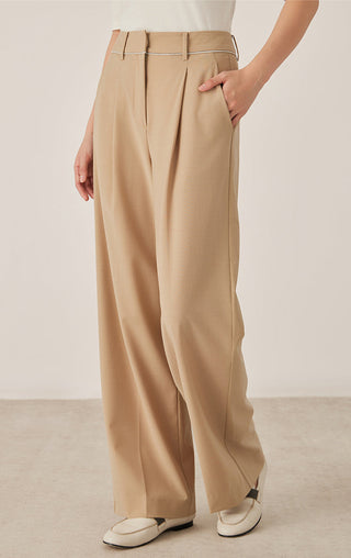 Khaki wide-leg tailored pants, side view with clean seams and relaxed straight fit.