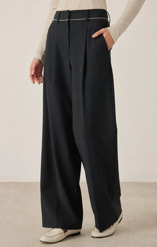 Black wool-blend wide-leg tailored pants with pleats and front crease, belt loops