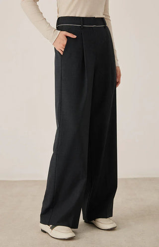 Black wide-leg tailored pants with pressed front creases, side pockets, and relaxed fit