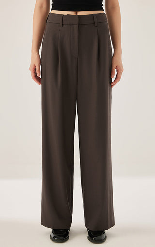 Dark brown wool-blend wide-leg trousers with buttoned waistband and pleated front