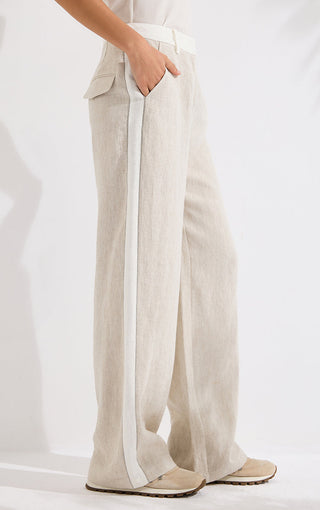 Beige linen wide-leg trousers with front vertical seam and side pockets