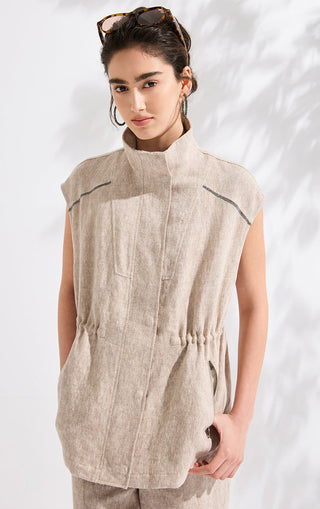 Sleeveless Linen Vest with Beaded Contrast Stitching - serathinan 
