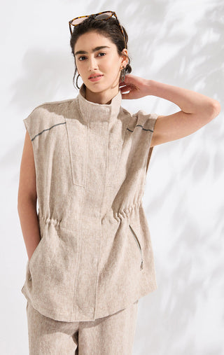 Camel sleeveless linen vest with stand collar, contrast stitching, and side drawstring detail