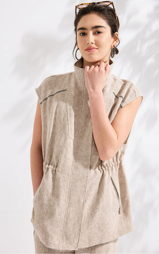 Sleeveless Linen Vest with Beaded Contrast Stitching - serathinan 