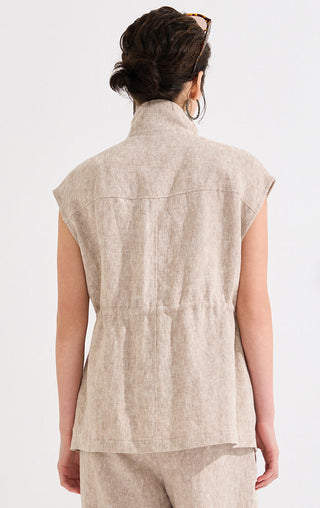 Back view of camel sleeveless linen vest with gathered waist and contrast seam stitching