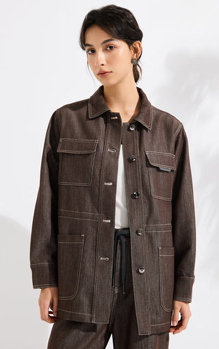 Shimmer-Detail Relaxed Denim Jacket