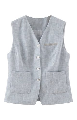 Linen Blend Vest with Silver-Toned Trim