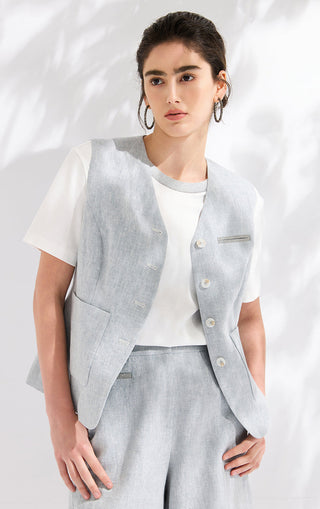 Linen Blend Tailored Vest with Beaded Pocket Detail