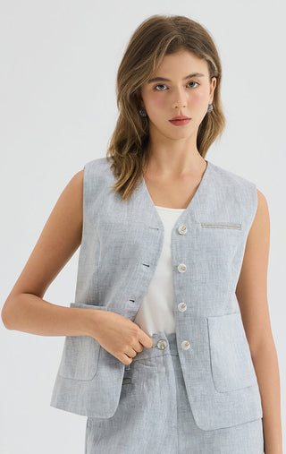 Linen Blend Vest Jacket with Silver beaded embroidery