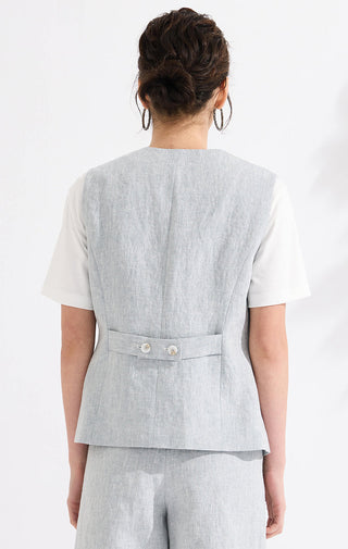 Back view of light blue linen-blend tailored vest with waist shaping