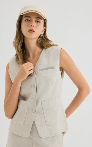 Linen Blend Vest Jacket with Silver beaded embroidery