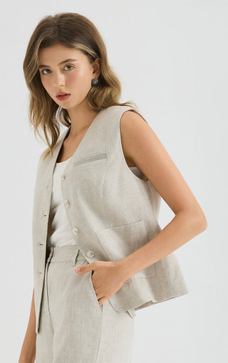 Linen Blend Vest Jacket with Silver beaded embroidery