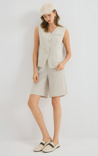 Linen Blend Vest Jacket with Silver beaded embroidery
